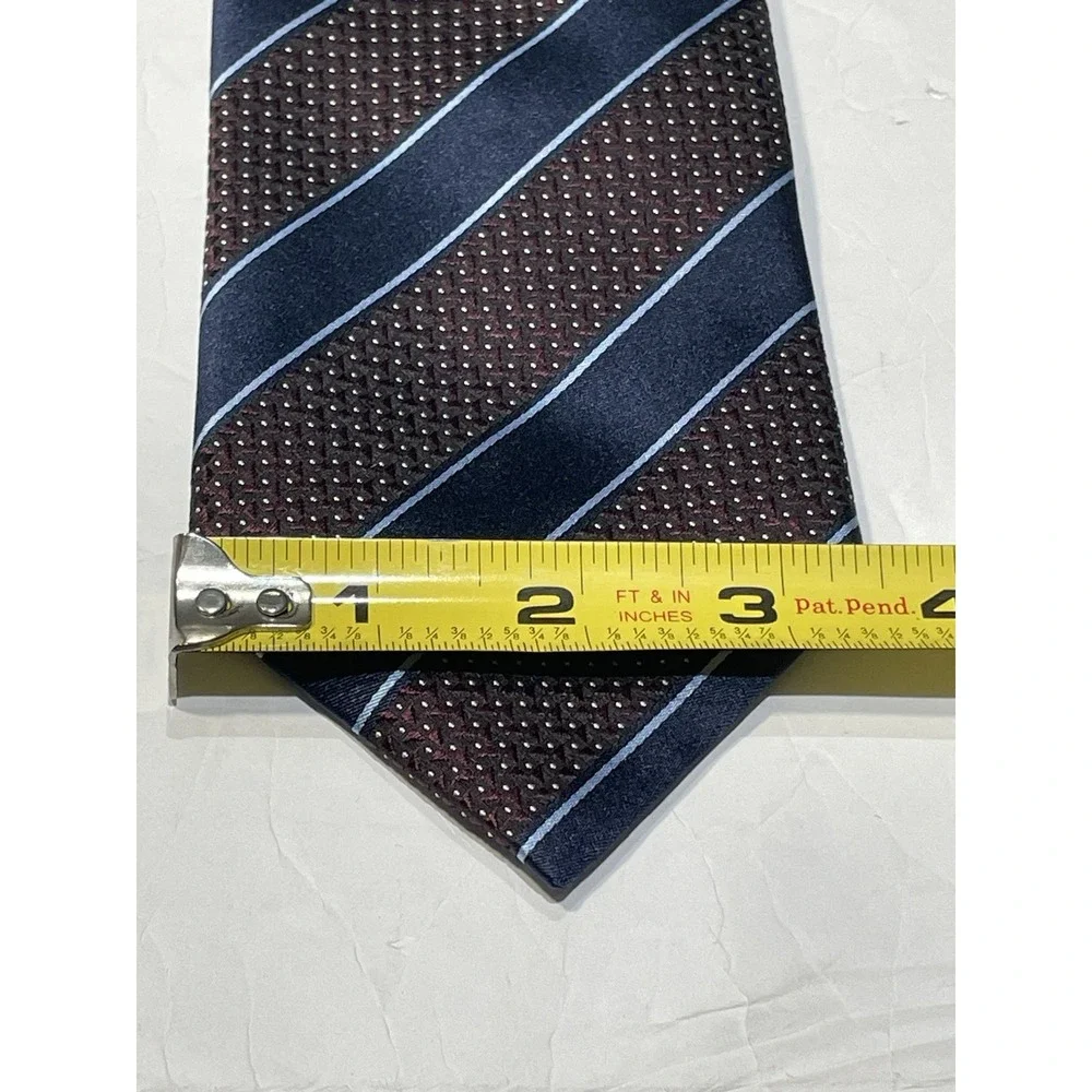 CANALI Italy Mens Silk Necktie Navy Blue Burgundy Stripe Micro Pattern 3.5